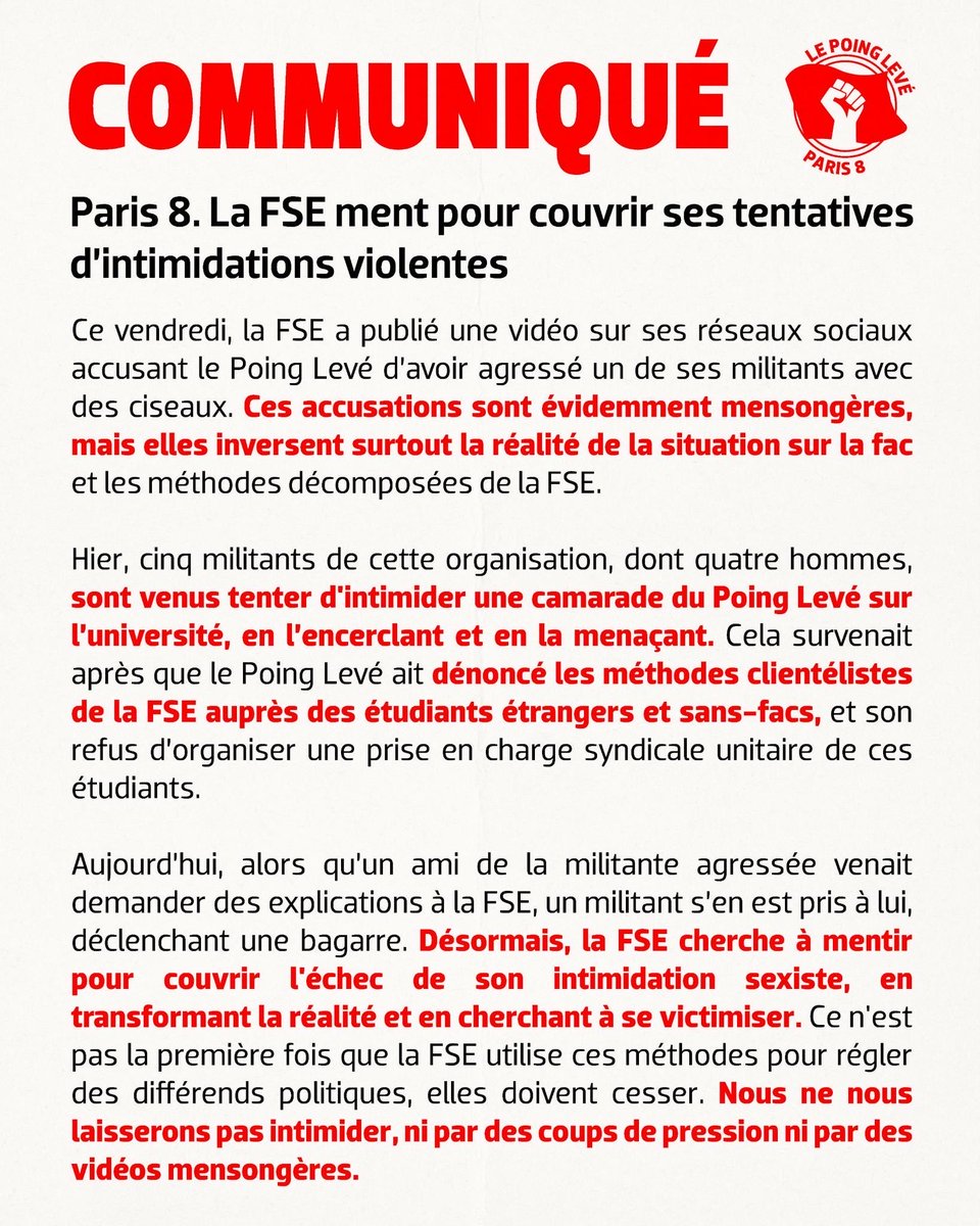 poing_8's tweet photo. Communiqué. Paris 8 : la FSE ment pour couvrir ses tentatives d’intimidations violentes ⤵️ https://t.co/mx2t2if8Jn