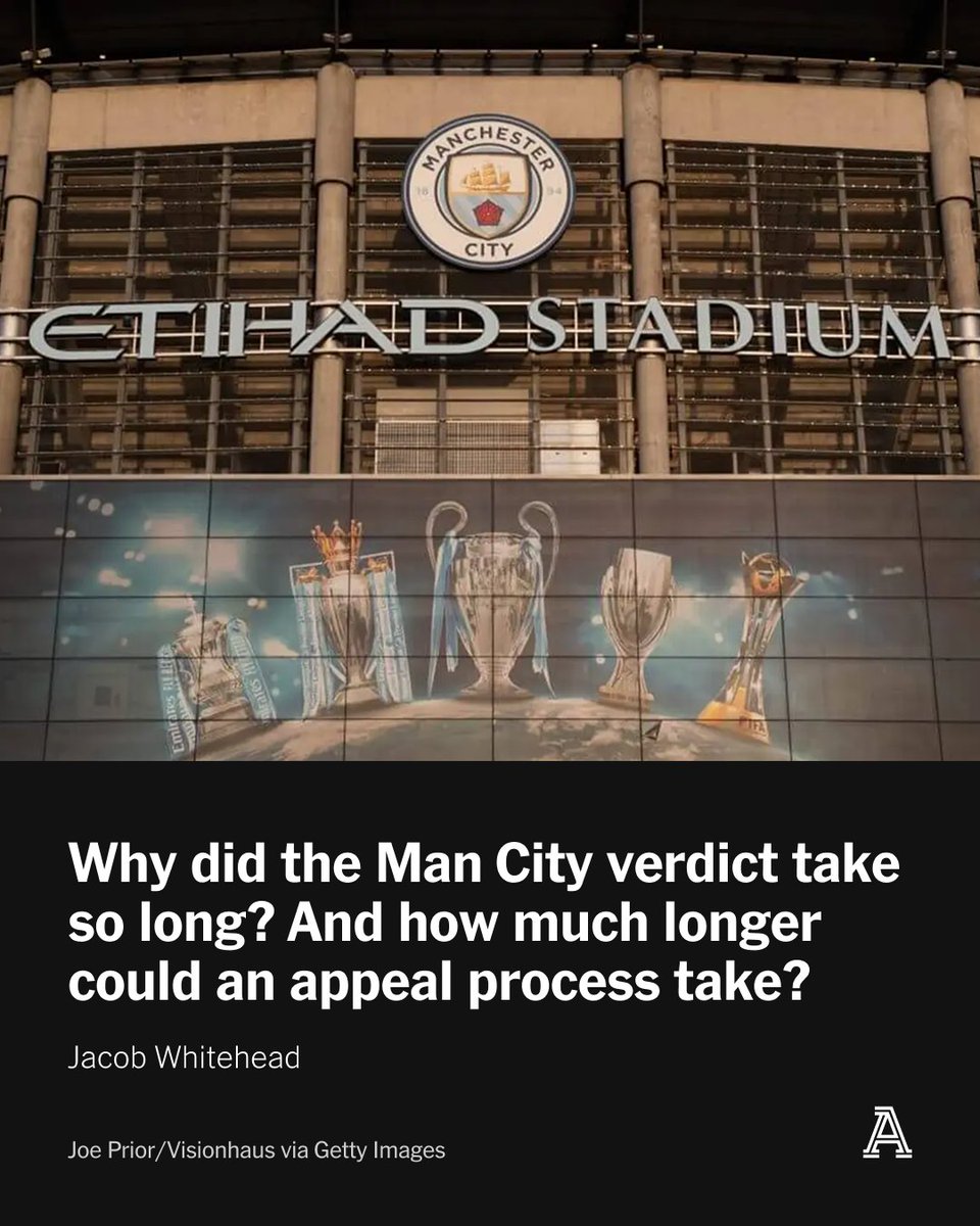 TheAthleticFC's tweet photo. The Premier League initially announced they were charging Manchester City in February 2023.

The hearing itself did not begin until September 2024, lasting almost three months before drawing to a conclusion on December 6.

Over the next 21 months? Silence — with the entirety of the process, and its timeframe, governed by the independent three-person panel of the Premier League’s commission.

Then today, the verdict — City have been found guilty of all but one of the charges. They are expected to appeal.

Why did it take so long for a verdict to arrive? And how much longer could an appeal process take?

@jwhitey98 explains ⬇️

🔗 https://t.co/jWxaPdZobU
