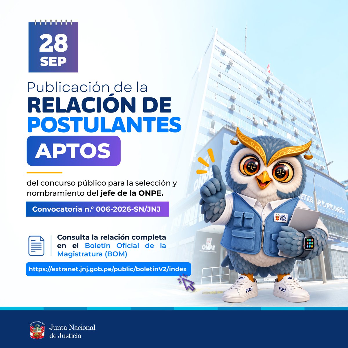 JNJPeru's tweet photo. 🔴 📅 𝗦𝗲𝗽𝗮𝗿𝗮 𝗹𝗮 𝗳𝗲𝗰𝗵𝗮. Este 𝘭𝘶𝘯𝘦𝘴 𝟤𝟪 𝘥𝘦 𝘴𝘦𝘱𝘵𝘪𝘦𝘮𝘣𝘳𝘦 se publicará la 𝗹𝗶𝘀𝘁𝗮 𝗱𝗲 𝗽𝗼𝘀𝘁𝘂𝗹𝗮𝗻𝘁𝗲𝘀 𝗮𝗽𝘁𝗼𝘀 para el concurso público para la selección y nombramiento del jefe de la #ONPE.

✅ Encuentra AQUÍ más detalles. https://t.co/uFaQNPhASK
