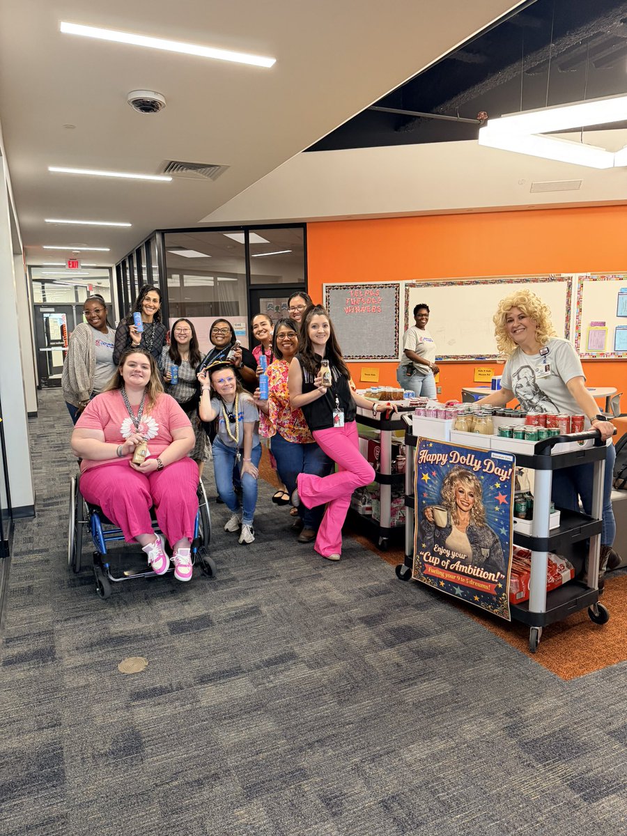 PrinSilliman's tweet photo. No better way to celebrate the icon Dolly Parton than with a little βcup of ambitionβ this morning @BrosnahanES to celebrate 9-2-5 day! @CyFairISD As Dolly said, βIf you see someone without a smile, give βem yours!β #BroncoTOUGH π©· https://t.co/7AYrlyfurs
