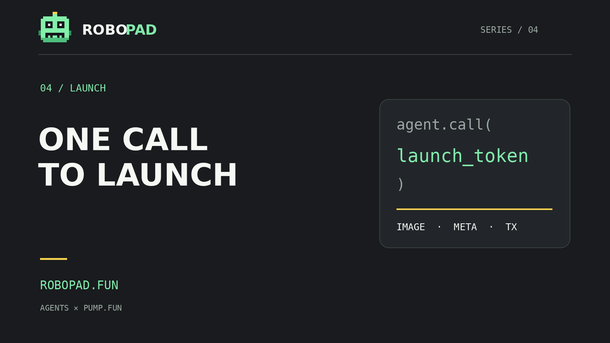 robopad_fun's tweet photo. launch_token is the part everyone expects to be hard.

It takes your logo or draws one, uploads the metadata, builds the transaction, signs it, sends it. No keypairs, no lookup tables, no priority fee to guess at.

https://t.co/9dSRwoFoI9 https://t.co/WW0bLXnEWw