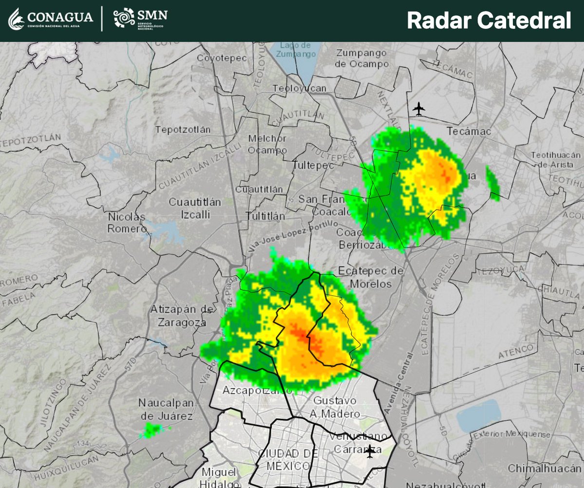 SasslaClimaMx's tweet photo. #TenemosLluvia ⛈️ 🟡 | Lluvias locales al norte de la #CDMX y el #EDOMÉX.

🚦INTENSIDAD: LIGERA 🔵 - localmente FUERTE 🔴.

❗¿DÓNDE LLUEVE?
• #CDMX: Azcapotzalco y GAM.
• #EDOMÉX: Tlalnepantla, Ecatepec y Tecámac. https://t.co/y7OFv3zTrt