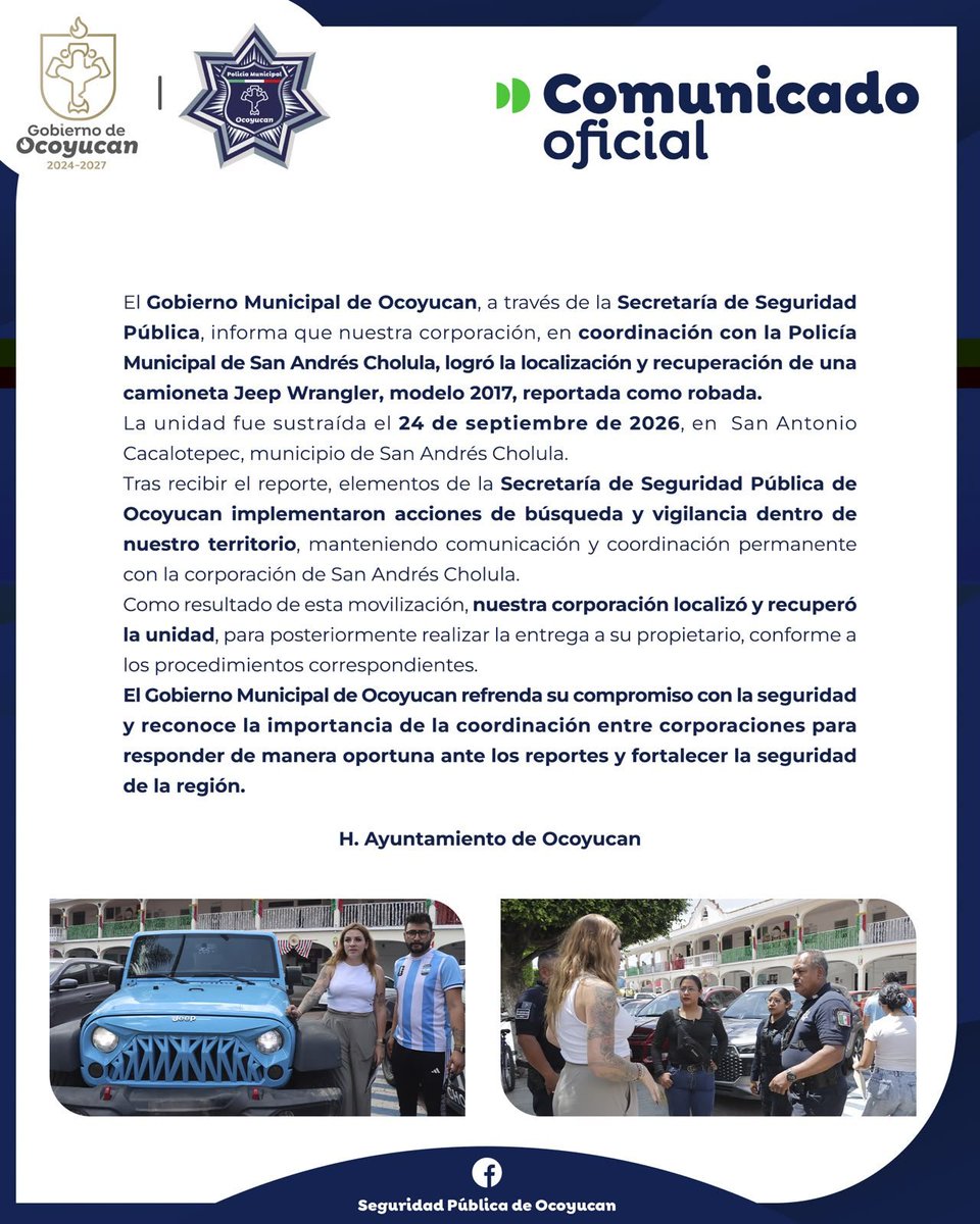 DiarioCodigo's tweet photo. @GobiernodeOcpyucan entrega vehículo recuperado a sus propietarios https://t.co/SpMdYssSiB