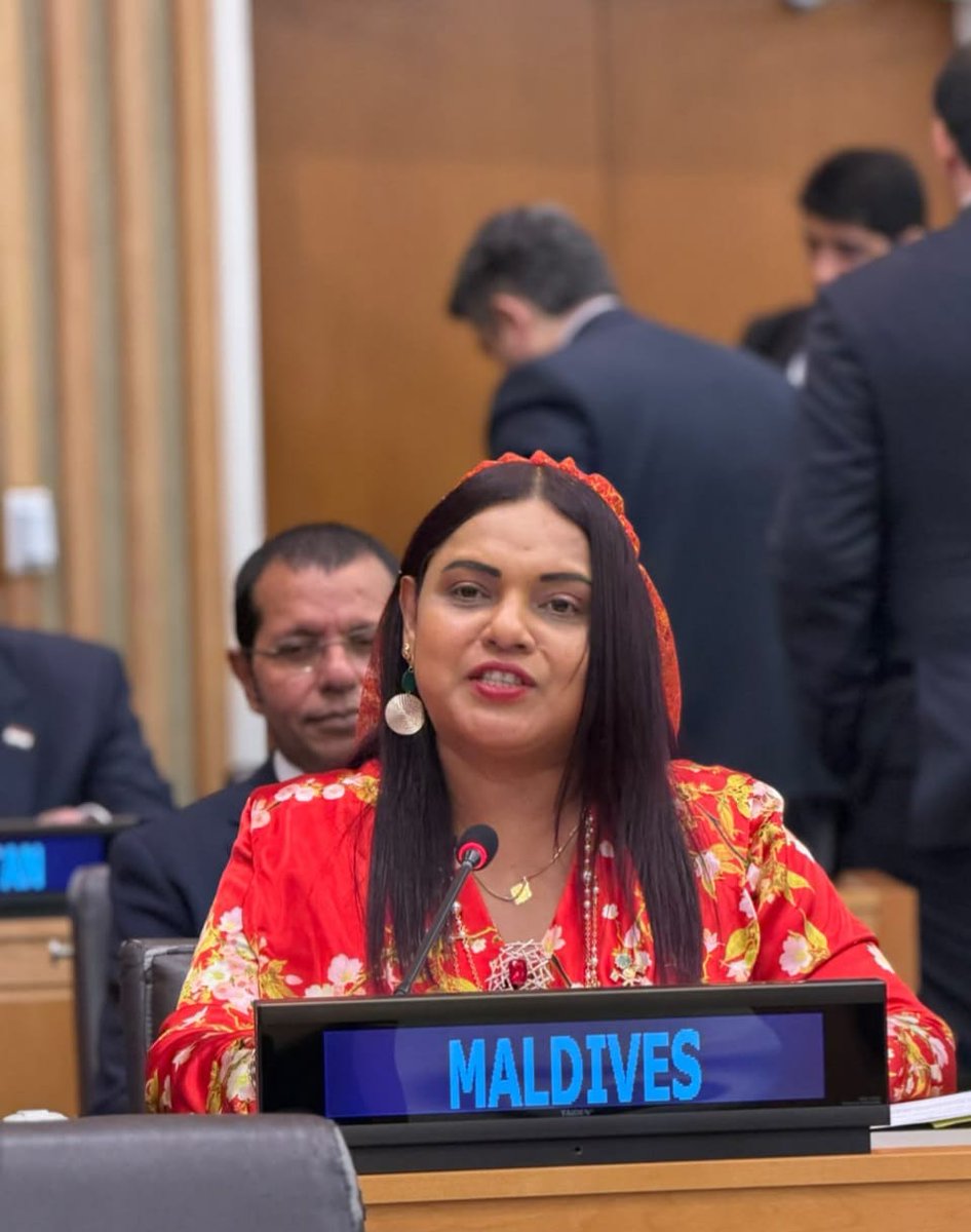 MoFAmv's tweet photo. At the G77 &amp; China Ministerial Meeting during #UNGA81HLW, Minister @IruthishamAdam called for unity among developing countries, climate finance for SIDS, and safeguarding UN development mandates. 

#MDVatUNGA81 https://t.co/B9nQzBb93E
