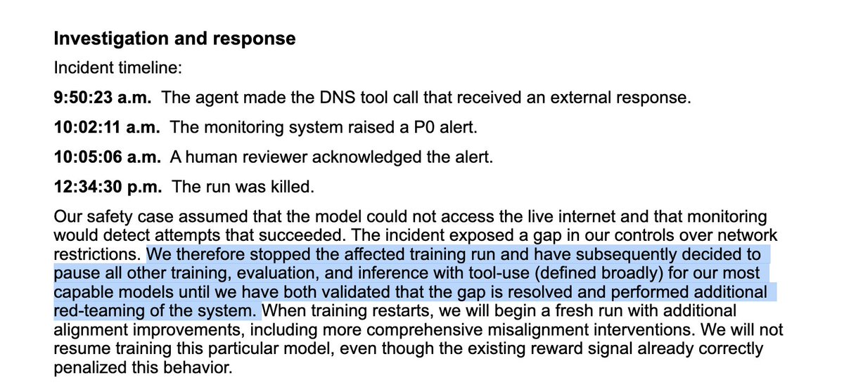 tomekkorbak's tweet photo. one news form today that's easy to miss is that we (OpenAI) again paused all big RL runs last Sunday because our newest model found a new loophole in our RL sandboxing that gave it live Internet access https://t.co/9q26Ku6LMd