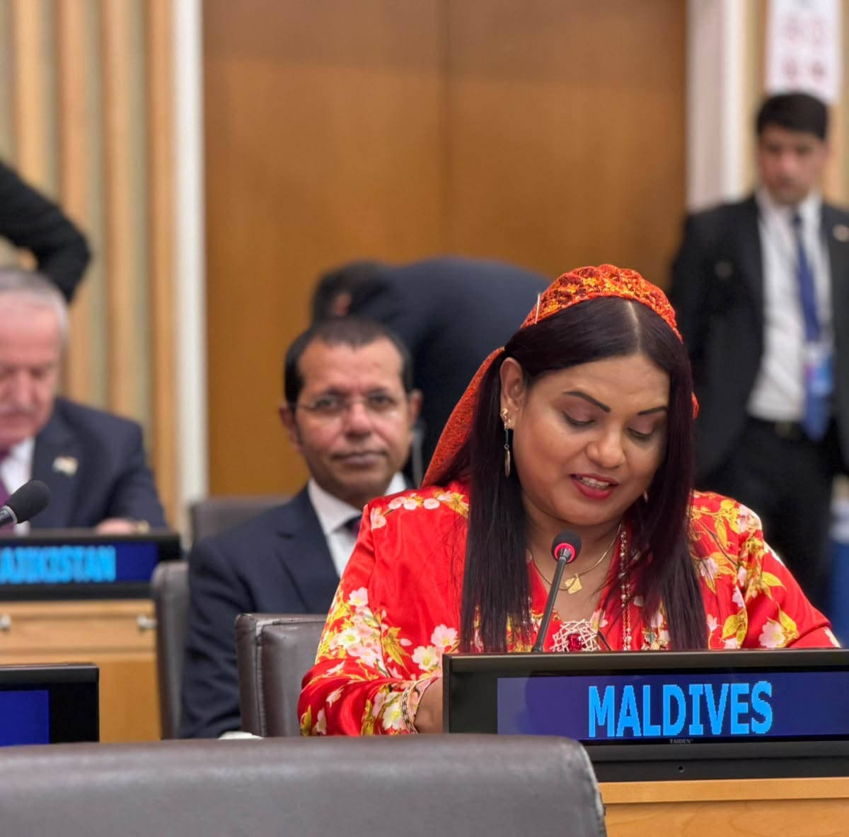MoFAmv's tweet photo. At the G77 &amp; China Ministerial Meeting during #UNGA81HLW, Minister @IruthishamAdam called for unity among developing countries, climate finance for SIDS, and safeguarding UN development mandates. 

#MDVatUNGA81 https://t.co/B9nQzBb93E