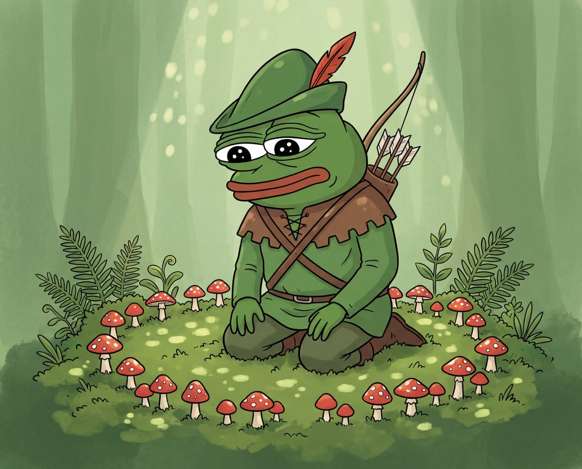 RobinPepeCoin's tweet photo. Pepe kneeling in a ring of mushrooms, looking at them. https://t.co/fBhV6OpMcy