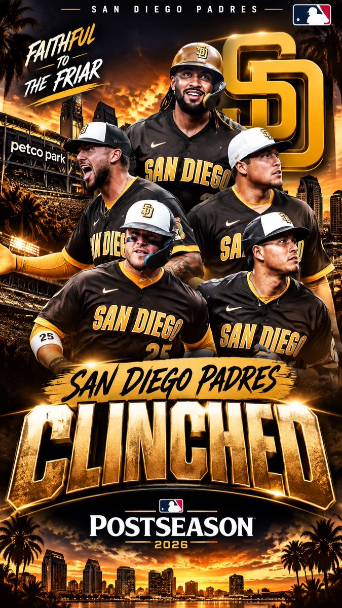 SportsLoungeEnt's tweet photo. 🔥 PADRES CLINCH! San Diego punches its ticket to the 2026 MLB Postseason! ⚾🏆 #SanDiegoPadres #SanDiego #LFGSD #OctoberBaseball #SportsLoungeMedia https://t.co/5gyPwtI3h2