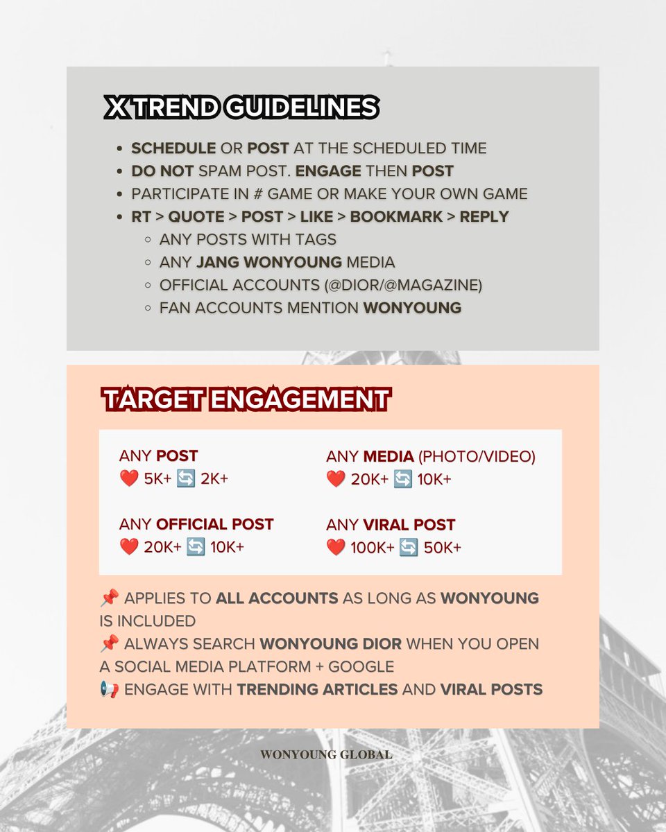 WonyoungGlobal's tweet photo. 💡[INFO] Wonyoung’s Paris Fashion Week hashtag event announcement | SS27 Part 2

🚨 DO NOT TREND BEFORE START TIME

**26.09.28 DEPARTURE**

WONYOUNG EN ROUTE
#️⃣ParisBoundWonyoung

⏰ 10:00 AM KST
⏰ 12:00 PM KST
+ DEPARTURE (TBD)

**26.09.29 MAIN SHOW**

WONYOUNG IN DIOR
#️⃣WonyoungxDiorSS27

⏰ 08:30 PM KST
⏰ 11:30 PM KST
+ DEPARTURE (TBD)

**And the following tags**

#JANGWONYOUNG
#WONYOUNG
#DiorSS27 @Dior