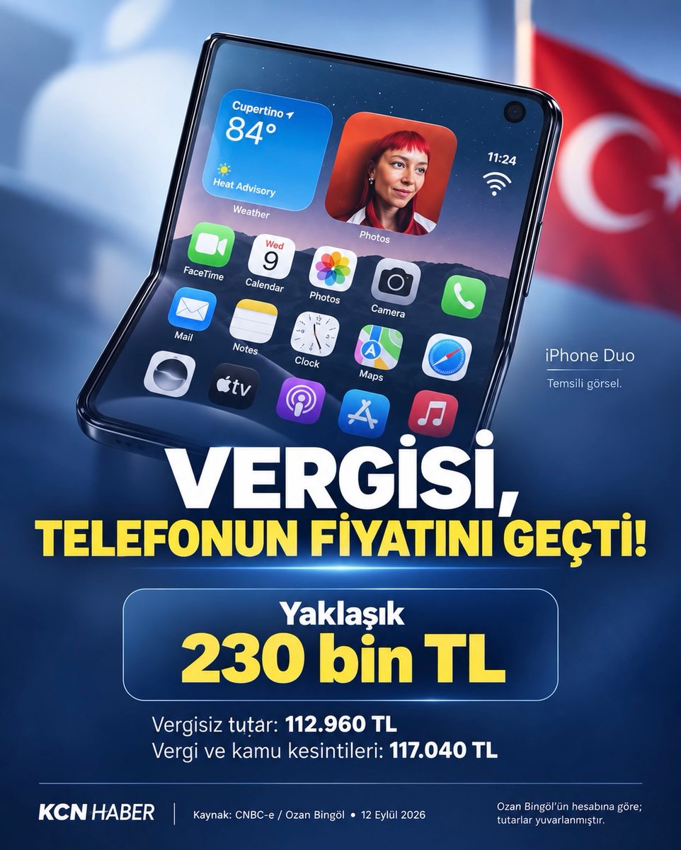 henryjacksonehb's tweet photo. The phone folded, and so did the bill! According to Ozan Bingöl’s calculations, taxes and public charges account for 117, 000 TL of the approximately 230, 000 TL iPhone Duo price—more than half the payment. Would you buy it at this price? https://t.co/TQMVyFEV9o