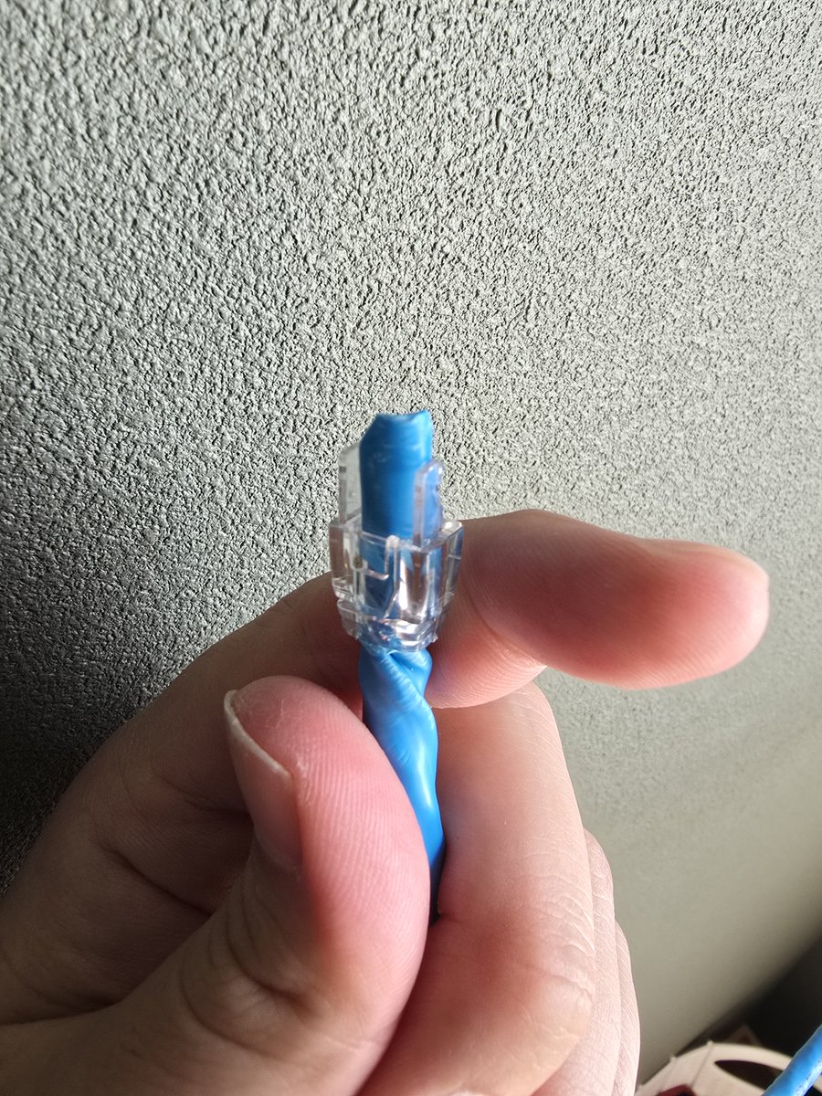 0528yy's tweet photo. 久々LANコネクタの加工しよるけどスリーブがLANケーブルとおらんくて辛い
指でくるくる回しながら入れてるけど硬すぎて指がズタボロなるなんかええ方法ないんかな https://t.co/EmNvutNX59