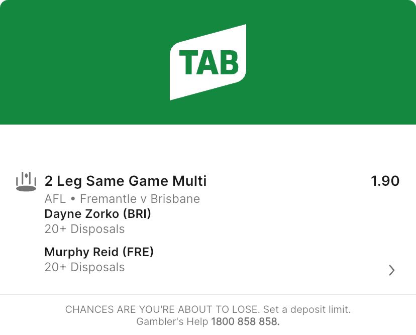 AceProfitsAU's tweet photo. AFL FREE PLAY OF THE DAY π¨π
Murphy Reid 19+ Dayne Zorko 19 Disposals 1U $1.90 (TAB)
Use code 1FREETRIAL join for FREE and start winning https://t.co/LT1y8RPnka
62-27 (70%) AFL free play record this season on the line!
#afl #sportsbetting #aflplayerprops #Gamblingπ #AFLbetting