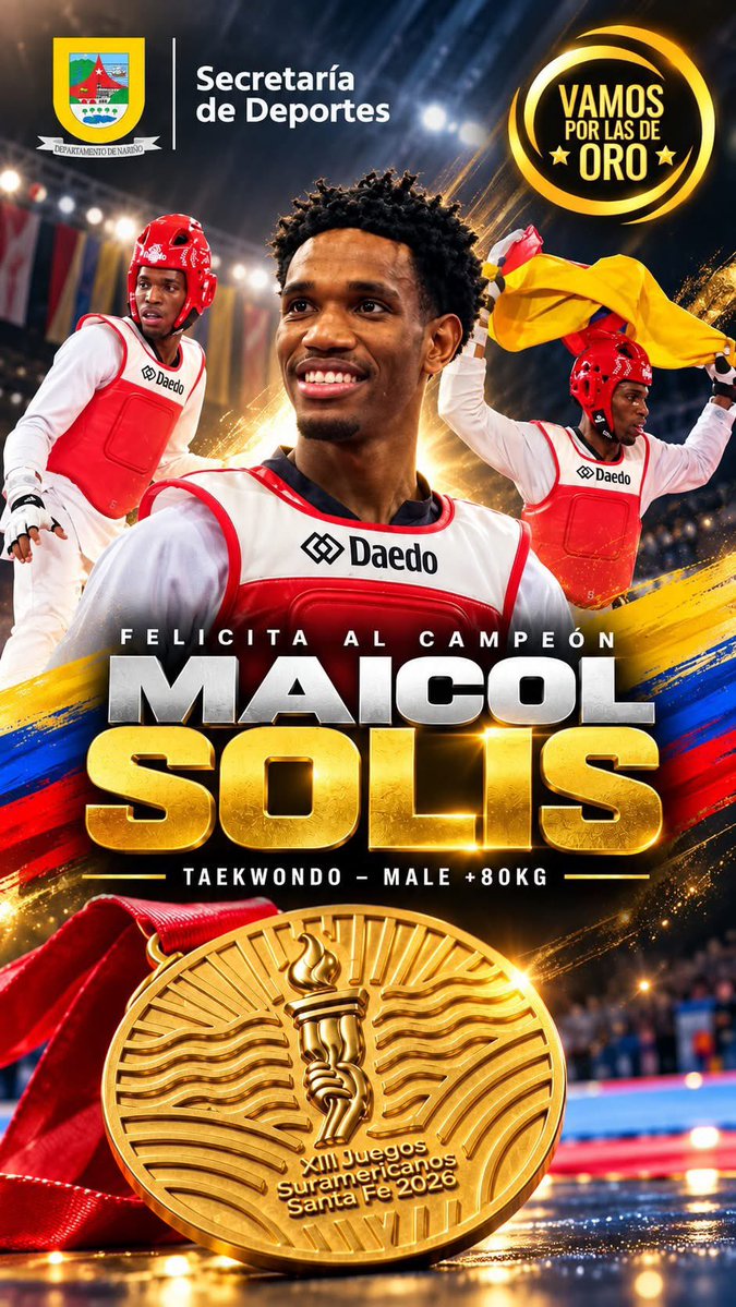 LuisAlfonsoEsc's tweet photo. 🥇 ¡Oro para Nariño! 💛💚

Maicol Stiwar Solís se consagró campeón de taekwondo en la categoría +80 kg en los XIII Juegos Suramericanos Santa Fe 2026. 🥋🔥

Su talento, disciplina y entrega hoy ponen en alto el nombre de nuestro departamento.

Maicol hace parte de #VamosPorLasDeOro, el programa que acompaña a los deportistas nariñenses de alto rendimiento en las principales competencias nacionales e internacionales.

¡Felicitaciones, campeón! Tu triunfo es orgullo para todo #Nariño. 🥇

#NariñoSeSiente