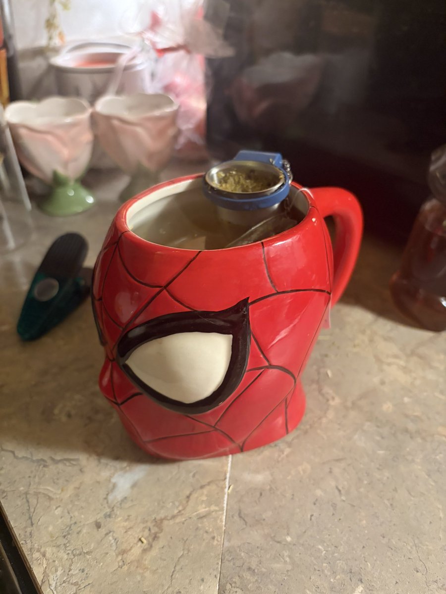 snoopybolts's tweet photo. tea maxxing with three different herbs in my spiderman mug. i hope they taste good together 🤞🏻 https://t.co/Rc8q4lb1K7