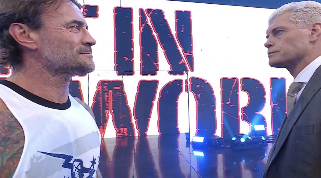 FadeAwayMedia's tweet photo. CODY RHODES AND CM PUNK LOCK EYES AS RHODES FINISHES HIS PROMO 👀

#Smackdown https://t.co/U3bjbvvSbe