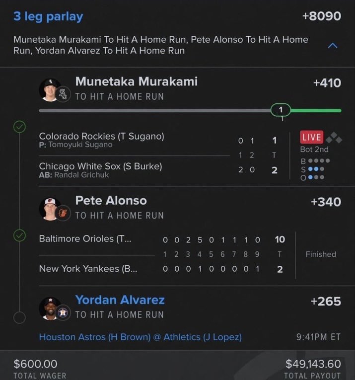 Mrbigbotwucd's tweet photo. Munetaka Murakami HR
✅ Pete Alonso HR
⏳ Yordan Alvarez HR — LAST LEG
WE NEED ONE MORE BOMB. 💣🔥
@playbook https://t.co/u65c7mK4Gi