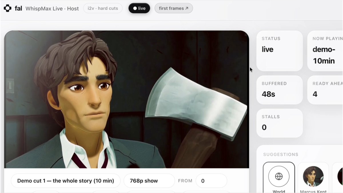Pickford_AI's tweet photo. A TV show generated in real time that still feels like the same show.

At @fal's GenMedia Conference, crowds spent all day dropping whimsical twists into a live episode of Whispers. Across characters and scenes, the story continued.
MiniMax H3 Max + a custom LoRA by @fal https://t.co/qZiCFkoPEj
