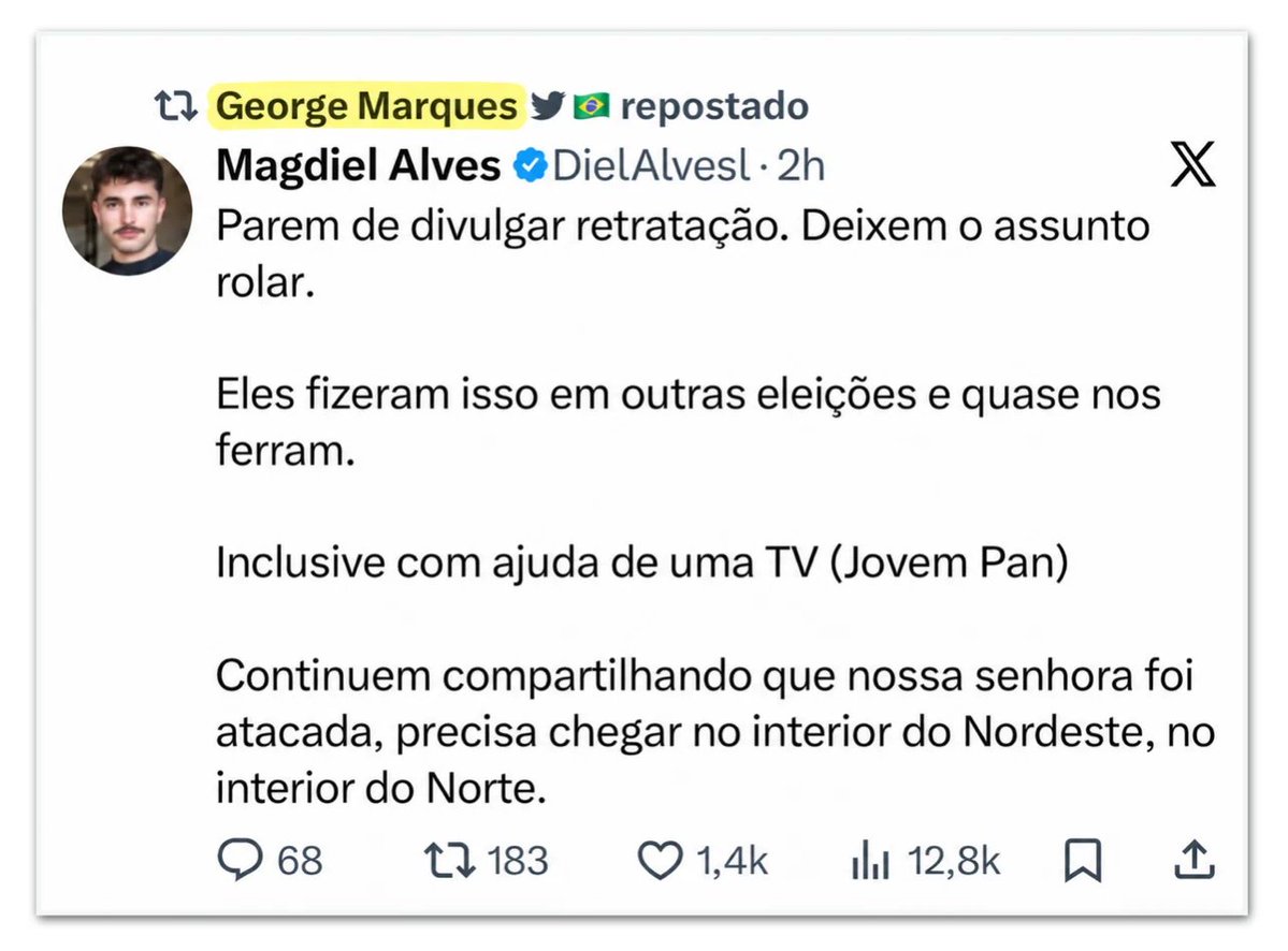 bralternativo_'s tweet photo. 🚨🇧🇷 Funcionário do Palácio do Planalto estimula fake news sobre Nossa Senhora Aparecida e Flávio Bolsonaro.

George Marques, da secretaria de Comunicação de Lula, repostou mensagem que pedia para “deixar o assunto rolar” e continuar espalhando a desinformação.

A publicação foi apagada horas depois, diz Poder360.