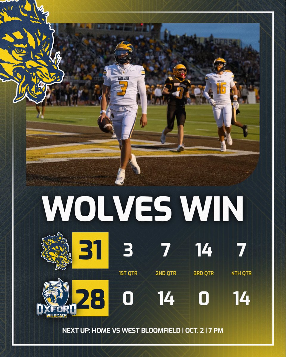 CTownAthletic's tweet photo. 𝗖𝗨𝗘 𝗧𝗛𝗘 𝗠𝗨𝗦𝗜𝗖!

Wolves take down Oxford on Homecoming to improve to 5-0! 

@ClarkstonWolves | @MIPrepZone https://t.co/LAfOhSt8yB