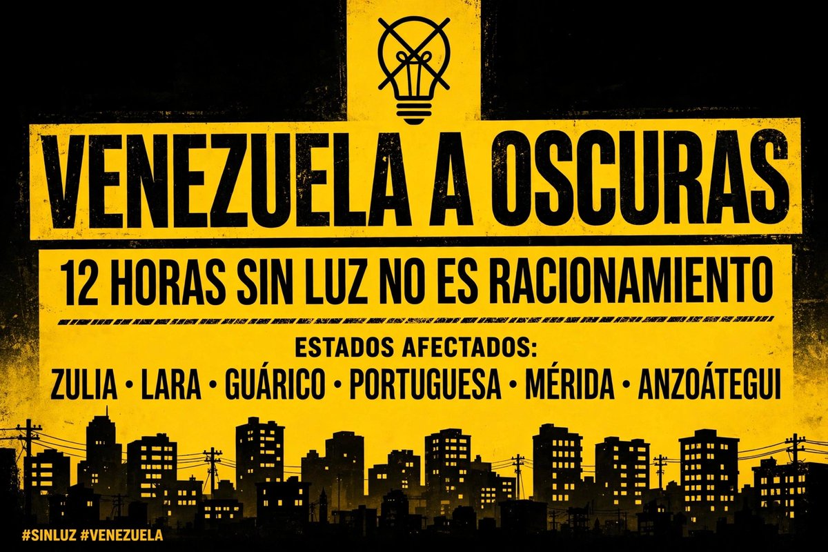 maracostah's tweet photo. Esta no es vida.
12h sin luz no es racionamiento, es castigo.
Zulia, Lara, Guárico, Portuguesa, Mérida, Anzoátegui a oscuras mientras nadie da la cara.
#SinLuz #Venezuela https://t.co/GxuioyxVeb