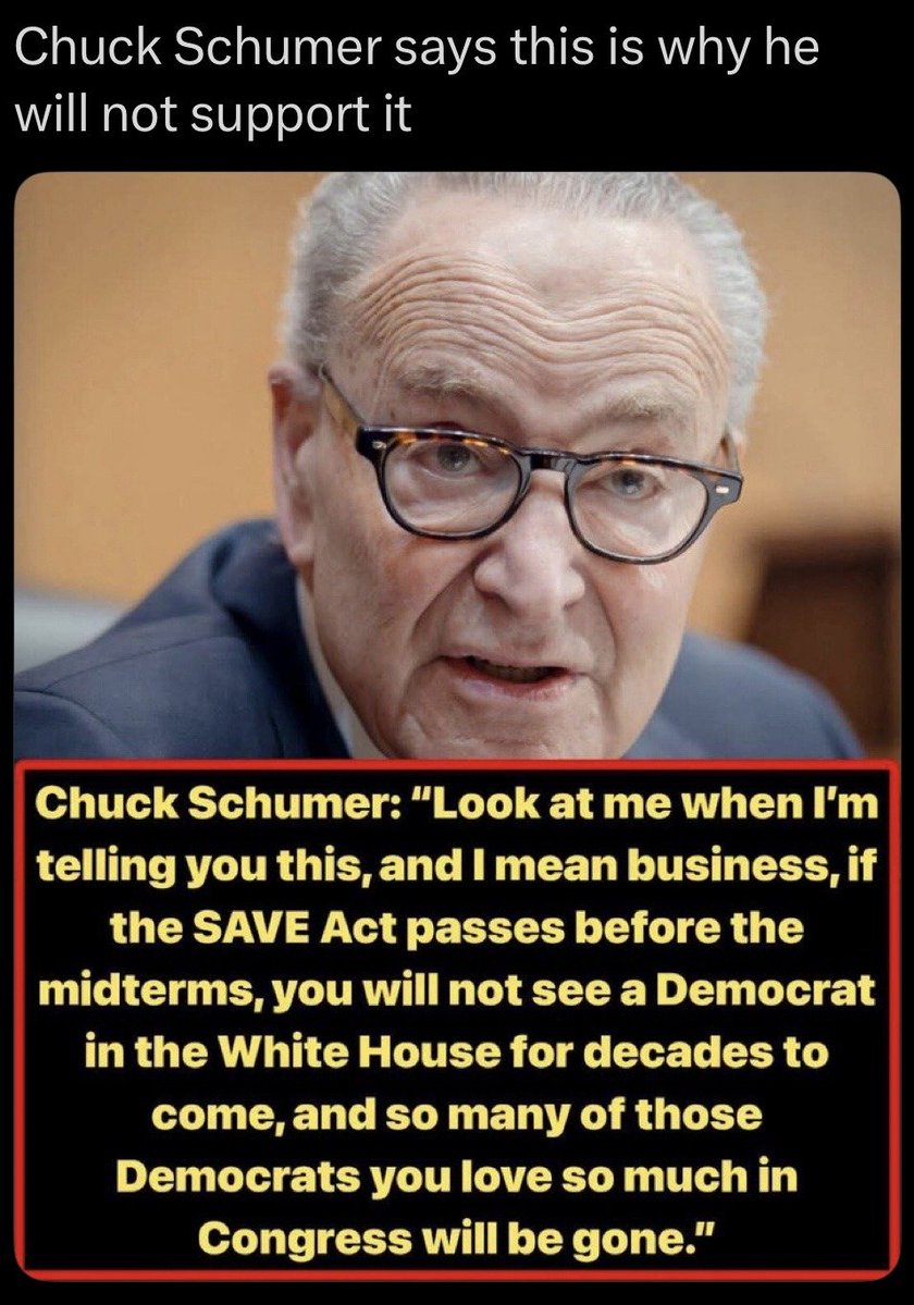 TJDOGMANR2's tweet photo. The reason Democrats do not want the Save America act passed ! Chuck's own words ! 👇🏻 https://t.co/M9S9aSNdSD