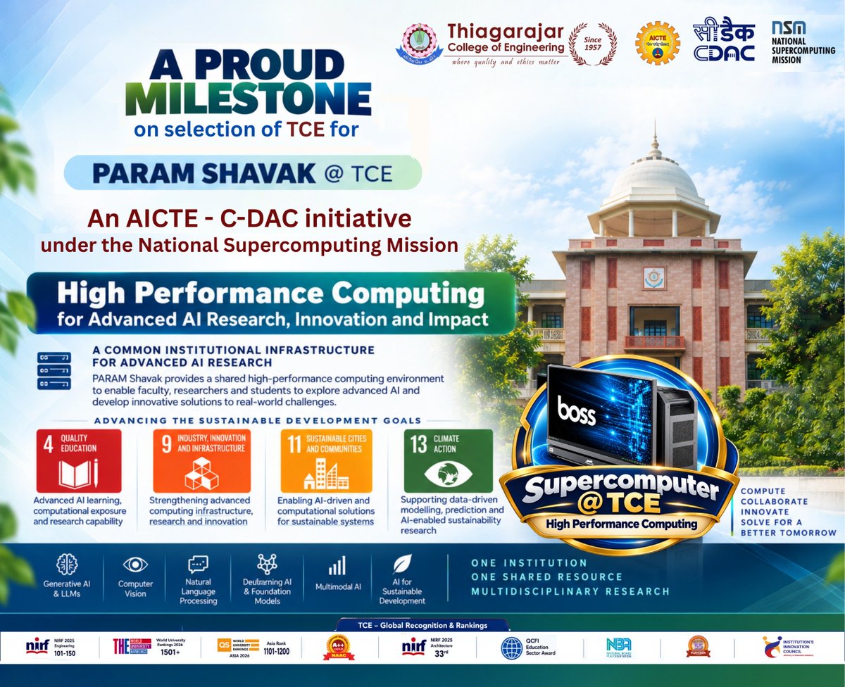 tceofficialpage's tweet photo. 🚀💻 TCE selected for PARAM SHAVAK under the National Supercomputing Mission, strengthening high-performance computing for Advanced AI, research & innovation. 🇮🇳🤖 #TCE #PARAMShavak #Supercomputing #AIResearch #NSM https://t.co/UVFM4kbh2d