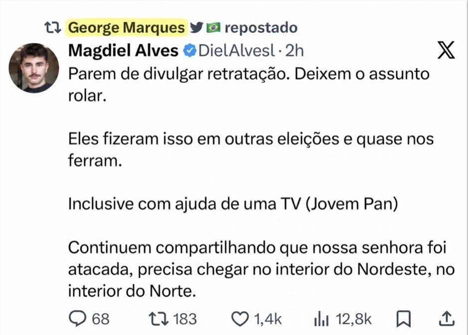CentralDireitaB's tweet photo. 🇧🇷 ATENÇÃO: Funcionário de alto escalão da Secom estimula fake news sobre Nossa Senhora Aparecida.

George Marques, coordenador-geral de Estratégia e Informação da Secom de Lula, repostou um texto que pedia para “deixar o boato rolar” sobre mentira envolvendo Flávio Bolsonaro e a padroeira do Brasil.

🗞️ @Poder360 / @FR_BSB