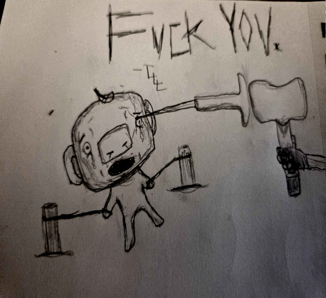 LSSJcarter's tweet photo. how considerate! heres a drawing of wumpus getting lobotomized. fuck you. https://t.co/deor910X2P