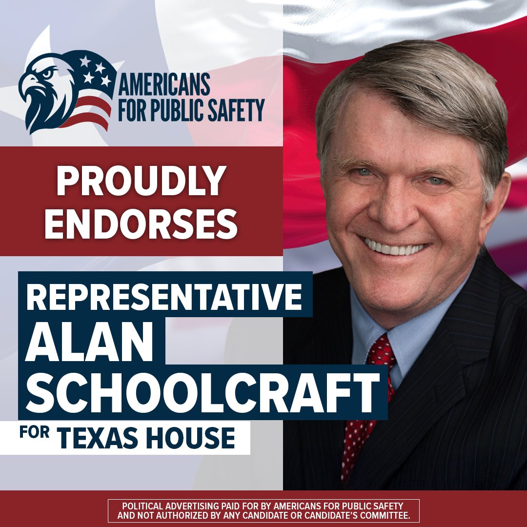 Schoolcraft4TX's tweet photo. Thank you to @A4PublicSafety for your endorsement and support! Keeping Texans safe and standing behind the brave men and women who serve our communities will remain a top priority of mine. I’m proud to have your support and look forward to continuing the fight for safer communities across Texas. #txlege