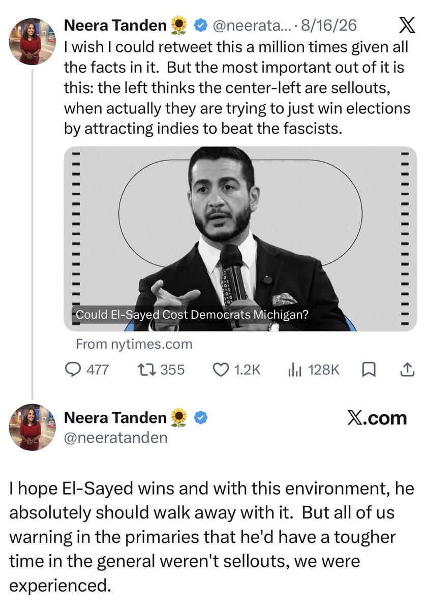 oelayat's tweet photo. That’s odd. Neera tweets about El-Sayed nearly every other day, and the closest thing I could find to support was “I hope he wins” tucked inside an “I told you so” about why he might lose. She’s doing an incredible impression of someone who doesn’t want him to win. https://t.co/tWjRkwIUJ5