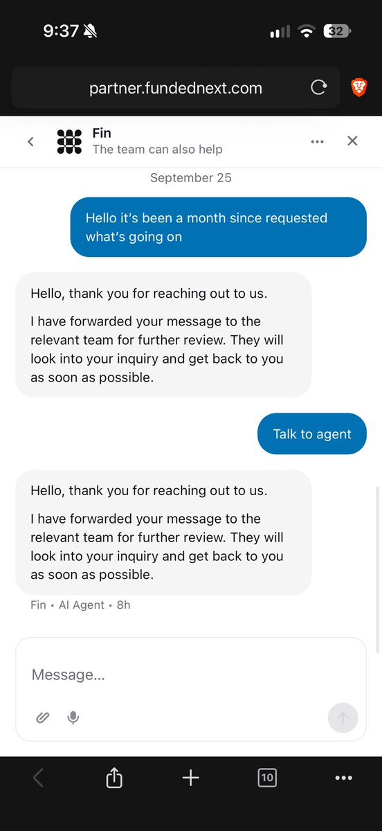 tiltedtraders's tweet photo. @fnfutures @FundedNext  How does a firm build an entire brand around fast processing and 5 hour payouts, yet leave a trader hanging for an entire month with zero answers?

I submitted my payout request of $1,251.00 back on August 26, 2026. Exactly 30 days later, on September 25, 2026, the payout status is still sitting on Processing with no end in sight.  

When you run into an issue, you expect customer service to help resolve it. Instead, the support team is completely non existent. I have reached out multiple times only to get trapped in an endless loop with the Fin AI bot. Every attempt to speak with a human support agent gets answered with the exact same automated response stating that my message was forwarded to the relevant team. No follow up, no real explanations, no resolution, and absolute radio silence from actual human agents.  

Traders put in the hours, manage risk, follow the rules, and hit their targets with the expectation that prop firms will honor their side of the agreement. Holding trader payouts for a full month while marketing industry leading processing times is completely unacceptable.

What is going on with this payout, and when is support actually going to step in and fix this?

#FundedNext #PropFirm #Trading #Payouts #Forex #Futures