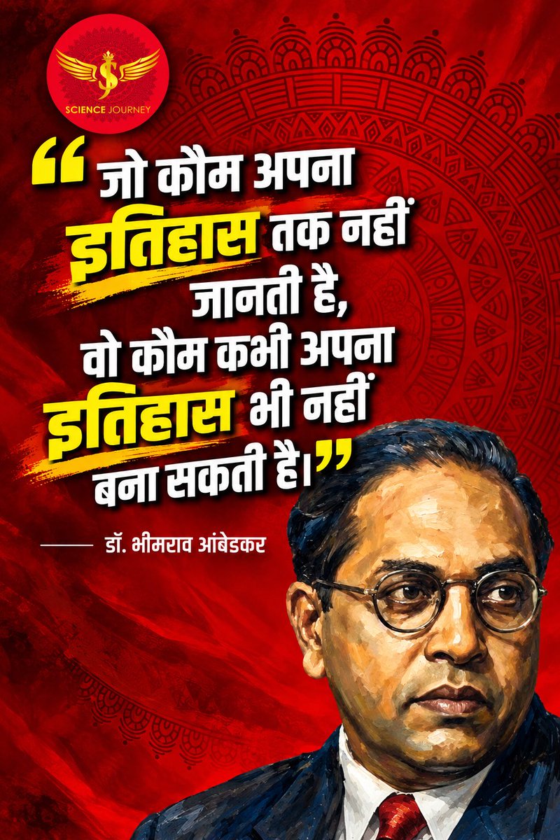 ScienceJourney2's tweet photo. "जो क़ौम अपना इतिहास तक नहीं जानती है, वो क़ौम कभी अपना इतिहास भी नहीं बना सकती है।"
डॉ भीमरा��� आंबेडकर https://t.co/yR9vZ2W6Nx