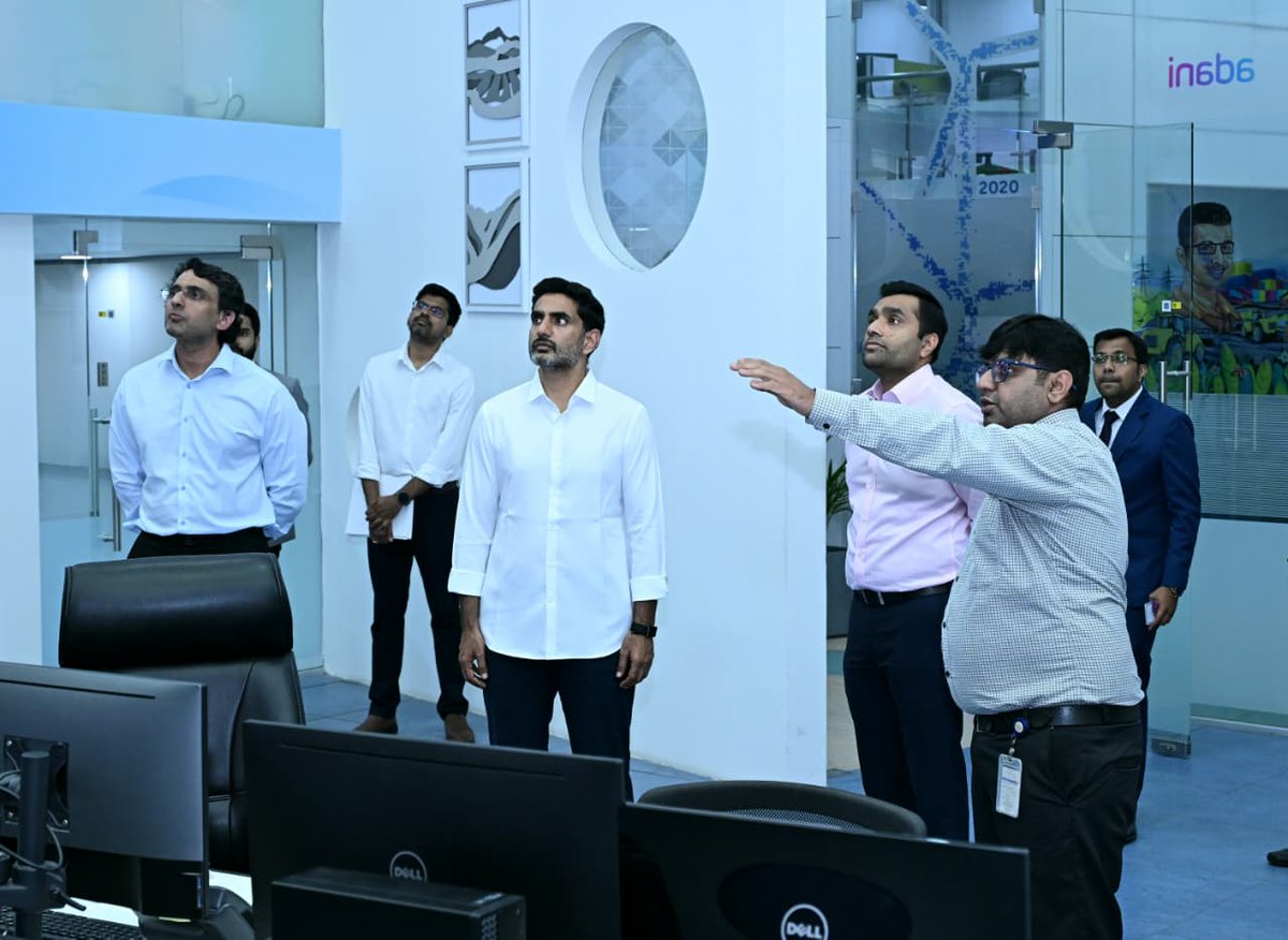 naralokesh's tweet photo. During my Ahmedabad visit, I had the opportunity to visit the Adani Group’s state-of-the-art Energy Monitoring Centre.

Through a fully integrated platform, their power generation assets are monitored in real time, enabling better efficiency, faster decision-making and reduced downtime.

Impressive to see how technology and data are transforming the way large-scale energy infrastructure is managed. Thanks to my friend Karan Adani for hosting me this evening. 

@AdaniOnline