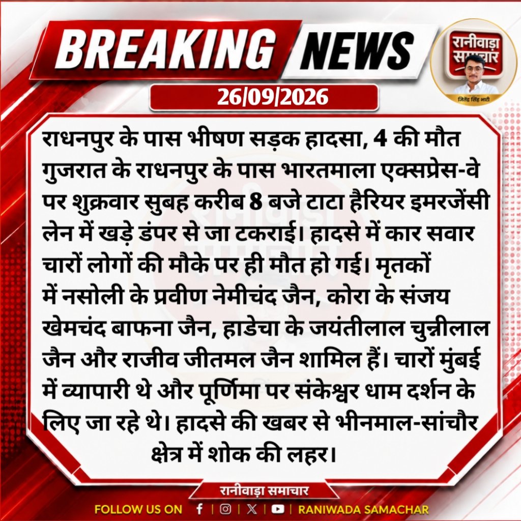 RaniwadaSam's tweet photo. राधनपुर के पास भीषण सड़क हादसा: डंपर में घुसी कार, भीनमाल-सांचौर के 4 व्यापारियों की दर्दनाक मौत ! 
#BreakingNews #RoadAccident #Gujarat #Rajasthan #RaniwadaSamachar
@GujaratPolice https://t.co/Ev3TOWtanT