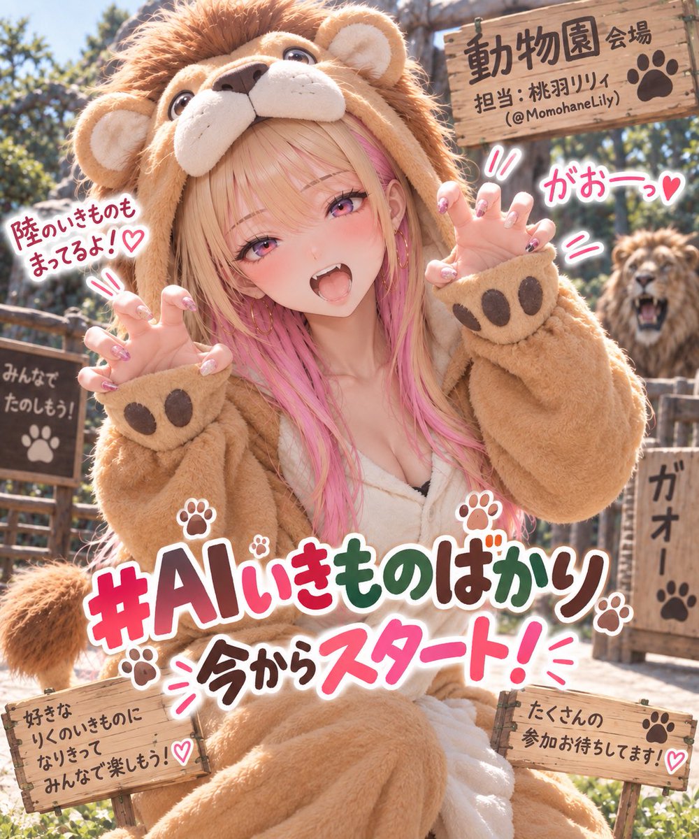 MomohaneLily's tweet photo. 🐬🦁 #AIいきものばかり 今からスタート！！ 🦁🐬

お待たせしましたー！！🎉
本日9/26(土)12:00より、
「いきものの着ぐるみ」をテーマにした参加型イベント開催です！🐾✨

📅 開催期間
9/26(土)12:00〜9/27(日)21:00

🐬 水族館会場
海・水辺のいきものの着ぐるみ
担当：あたそ！ (@taakekoke)

🐒 動物園会場
陸・空のいきものの着ぐるみ
担当：桃羽リリィ (@MomohaneLily)

🐸🪲 両生類・虫など、
どちらの会場か迷ういきものは好きな方でOK！

📌 参加方法
「いきものの着ぐるみ」を着たAIイラストを作成して、
#AIいきものばかり を付けて投稿してください！

この開始ポストを引用して参加してもらえると、
作品を見つけやすくて助かります🙏✨

📝 参加ルール
・1会場につき1日2枚まで
・両会場への参加OK
・版権作品NG
・エロ表現NG
・グロ表現NG

📣 参加作品について
参加作品はできる限り
❤️ いいね
🔁 リポスト
で反応させていただきます！

🐬 水族館？
🐒 動物園？

さあ、あなたはどんないきものの着ぐるみを着る？✨

たくさんのご参加、お待ちしてます！！🙌🐾