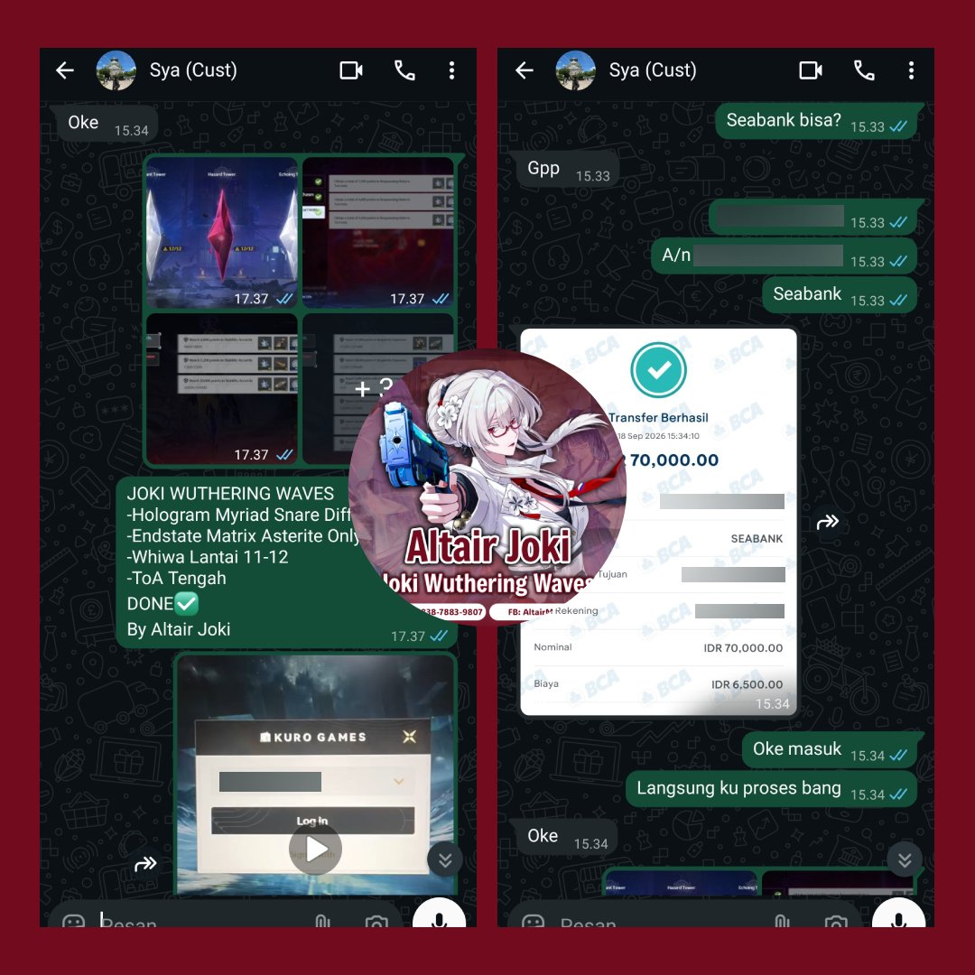 AltairJoki's tweet photo. TESTIMONI JOKI #1

JOKI WUTHERING WAVES
-Hologram Myriad Snare Diff 1-6
-Endstate Matrix Asterite Only
-Whiwa Lantai 11-12
-ToA Tengah
DONE✅
By Altair Joki https://t.co/U6SbTzb2YH