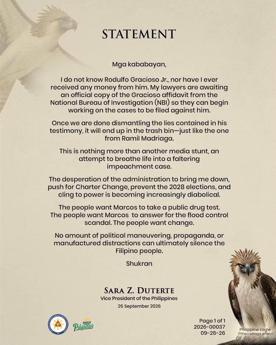 missjilliam's tweet photo. Statement from the Vice President. 

The eagle. 🦅 Iba na ang meaning nito. Wala na yung tipikal na OVP letterhead.

Handa na siyang makipagbakbakan.  

🦅👊 https://t.co/JE8J4dFSvp