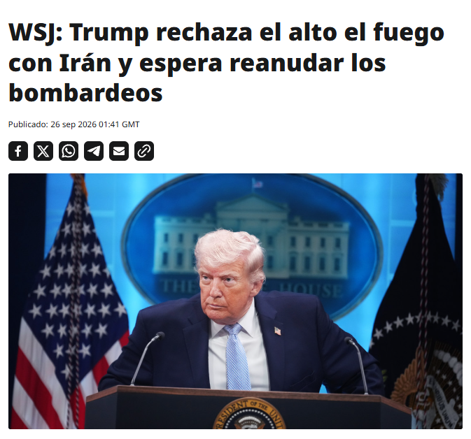 RTultimahora's tweet photo. 🇺🇸🗣️El presidente de Estados Unidos  ha rechazado la propuesta de Irán para un alto el fuego de siete días y ha comunicado a sus asesores que espera reanudar los bombardeos contra la República Islámica después de las elecciones de mitad de mandato de noviembre, según funcionarios citados por The Wall Street Journal.