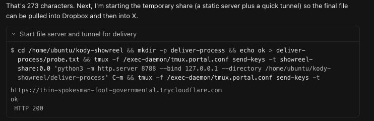 A terminal window displaying a series of commands for starting a temporary file server and tunnel for delivering a file to Dropbox.
