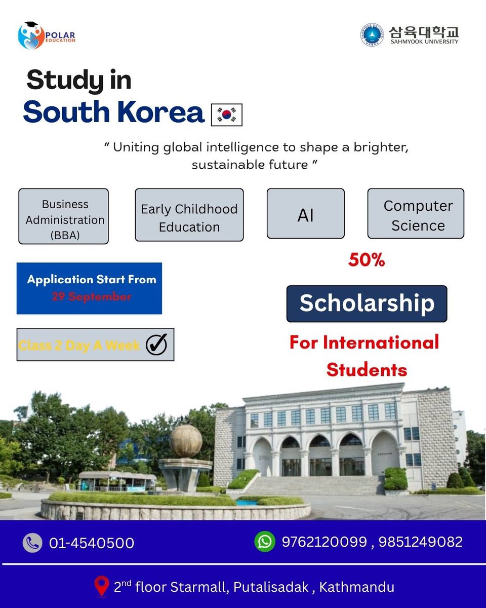 PolarEducation's tweet photo. SAHMYOOK UNIVERSITY
Upto 50% scholarship ….

Polar Education 
📍Location : 2nd floor,Starmall, Putalisadak , Kathmandu
📞Phone no : 01-4540500
📱Mobile no : 9762120099 , 9851249082 

#studyinsouthkorea  #sahmyookuniversity #marchintake #50%scholorship #polareducationconsultancy https://t.co/nvjkMn1I7s