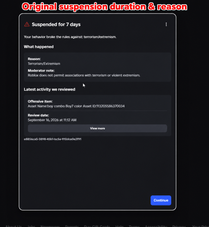 AdaptKhoi's tweet photo. My UGC group, Khoisie (33060834), which I co-own with my partner @Snoopsie_  has been locked, and my holder account, "timetonotbelame" (143992641) has been terminated. This is most likely due to Roblox's AI moderation system.  

A regular UGC item I uploaded was falsely deleted for 'Terrorism/Extremism', which I originally received a 7 day ban for. The item in question contained no such content, which is proven through the fact that other textures of our item are still up.   

We appealed through Roblox Support (Ticket #182561594), and an agent agreed that we had not violated any rules. They stated that the item would be restored and the account would be unbanned within 3 business days.  

3 business days had passed without the account being restored, so I replied to the ticket to follow up. A different agent replied and unexpectedly told us that after further review, the moderation would not be reversed. We decided to just wait it out, as the 7 day ban was about to expire the next morning. However later that night, the punishment was suddenly changed from a 7 day ban to a full account termination without any clear explanation. The new moderation reason being 'Inappropriate content/behavior'.  

This situation is extremely confusing, because the Support team had previously told us that we had not violated any rules. Since then, we've submitted countless support tickets, but we have received no further response. It's now been about 10 days since the original 7 day ban and about a week since we last received any meaningful response from Support. 

 All we are asking for is for this case to be carefully reviewed manually by an actual person. If any Roblox staff member or someone from the Developer Relations team sees this, we would greatly appreciate your help restoring our accounts and group. @Roblox @RobloxCreators #roblox #robloxdev #robloxdevs