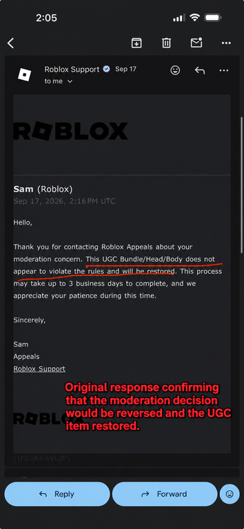 AdaptKhoi's tweet photo. My UGC group, Khoisie (33060834), which I co-own with my partner @Snoopsie_  has been locked, and my holder account, "timetonotbelame" (143992641) has been terminated. This is most likely due to Roblox's AI moderation system.  

A regular UGC item I uploaded was falsely deleted for 'Terrorism/Extremism', which I originally received a 7 day ban for. The item in question contained no such content, which is proven through the fact that other textures of our item are still up.   

We appealed through Roblox Support (Ticket #182561594), and an agent agreed that we had not violated any rules. They stated that the item would be restored and the account would be unbanned within 3 business days.  

3 business days had passed without the account being restored, so I replied to the ticket to follow up. A different agent replied and unexpectedly told us that after further review, the moderation would not be reversed. We decided to just wait it out, as the 7 day ban was about to expire the next morning. However later that night, the punishment was suddenly changed from a 7 day ban to a full account termination without any clear explanation. The new moderation reason being 'Inappropriate content/behavior'.  

This situation is extremely confusing, because the Support team had previously told us that we had not violated any rules. Since then, we've submitted countless support tickets, but we have received no further response. It's now been about 10 days since the original 7 day ban and about a week since we last received any meaningful response from Support. 

 All we are asking for is for this case to be carefully reviewed manually by an actual person. If any Roblox staff member or someone from the Developer Relations team sees this, we would greatly appreciate your help restoring our accounts and group. @Roblox @RobloxCreators #roblox #robloxdev #robloxdevs
