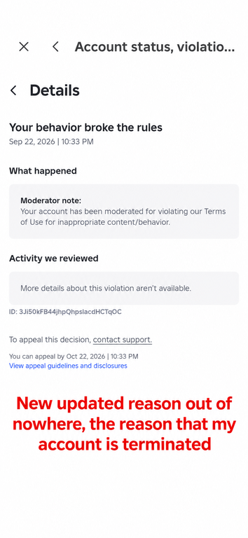 AdaptKhoi's tweet photo. My UGC group, Khoisie (33060834), which I co-own with my partner @Snoopsie_  has been locked, and my holder account, "timetonotbelame" (143992641) has been terminated. This is most likely due to Roblox's AI moderation system.  

A regular UGC item I uploaded was falsely deleted for 'Terrorism/Extremism', which I originally received a 7 day ban for. The item in question contained no such content, which is proven through the fact that other textures of our item are still up.   

We appealed through Roblox Support (Ticket #182561594), and an agent agreed that we had not violated any rules. They stated that the item would be restored and the account would be unbanned within 3 business days.  

3 business days had passed without the account being restored, so I replied to the ticket to follow up. A different agent replied and unexpectedly told us that after further review, the moderation would not be reversed. We decided to just wait it out, as the 7 day ban was about to expire the next morning. However later that night, the punishment was suddenly changed from a 7 day ban to a full account termination without any clear explanation. The new moderation reason being 'Inappropriate content/behavior'.  

This situation is extremely confusing, because the Support team had previously told us that we had not violated any rules. Since then, we've submitted countless support tickets, but we have received no further response. It's now been about 10 days since the original 7 day ban and about a week since we last received any meaningful response from Support. 

 All we are asking for is for this case to be carefully reviewed manually by an actual person. If any Roblox staff member or someone from the Developer Relations team sees this, we would greatly appreciate your help restoring our accounts and group. @Roblox @RobloxCreators #roblox #robloxdev #robloxdevs
