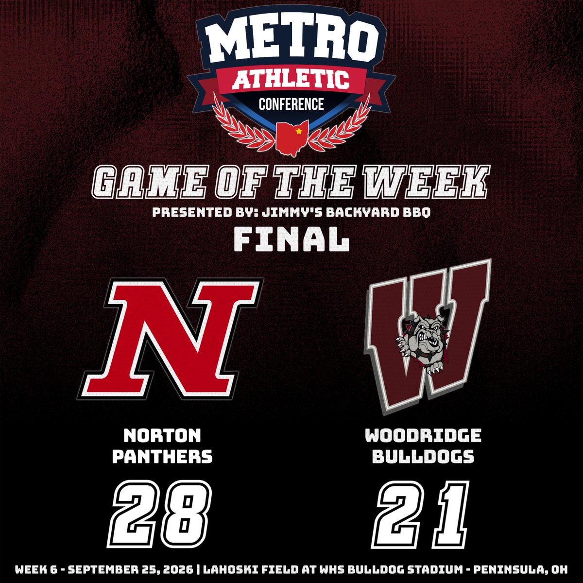 MACathletics's tweet photo. Norton hands Woodridge their first loss of the season 28-21. Trey Kersten found Alex Meinen in the endzone with 3 seconds to go. https://t.co/9NLaLUd7Az