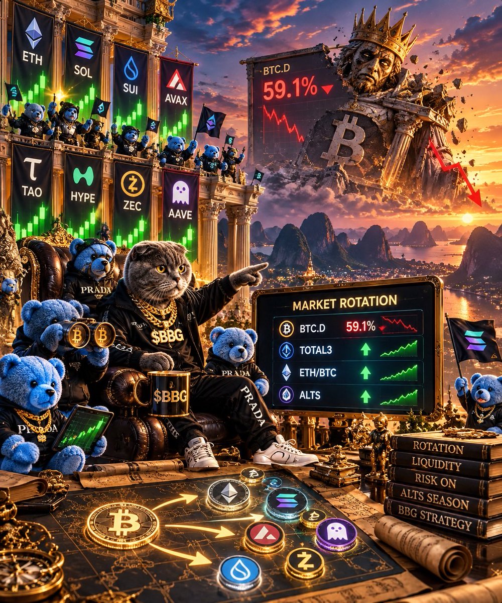 blueybear5150's tweet photo. BITCOIN DOMINANCE IS BLEEDING. 📉

BTC.D is flirting with 59% while capital starts creeping further out on the risk curve.

This is the rotation we’ve been waiting for.

Watch the combination:

BTC stable/strong ✅
BTC.D falling 📉
TOTAL3 expanding 📈
ETH/BTC strengthening 👀

When those gears start turning together, alts don’t need permission.

The money doesn’t disappear.

IT ROTATES. 🔄

Stay sharp. Stay liquid. Trade the chart.

BBG’s for life. 🐻⚔️