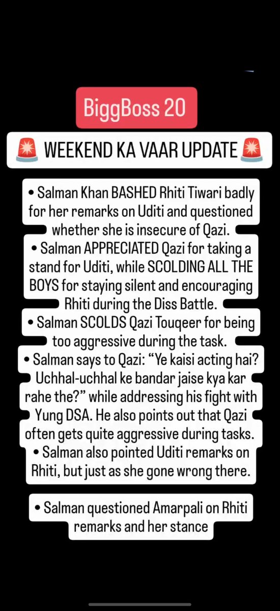 BiggBosssSpy's tweet photo. Biggboss 20 🚨 WEEKEND KA VAAR UPDATE🚨

#BiggBoss20 #biggboss20 #SalmanKhan #WeekendKaVaar #qazitouqeer https://t.co/cWLZv8SUlU
