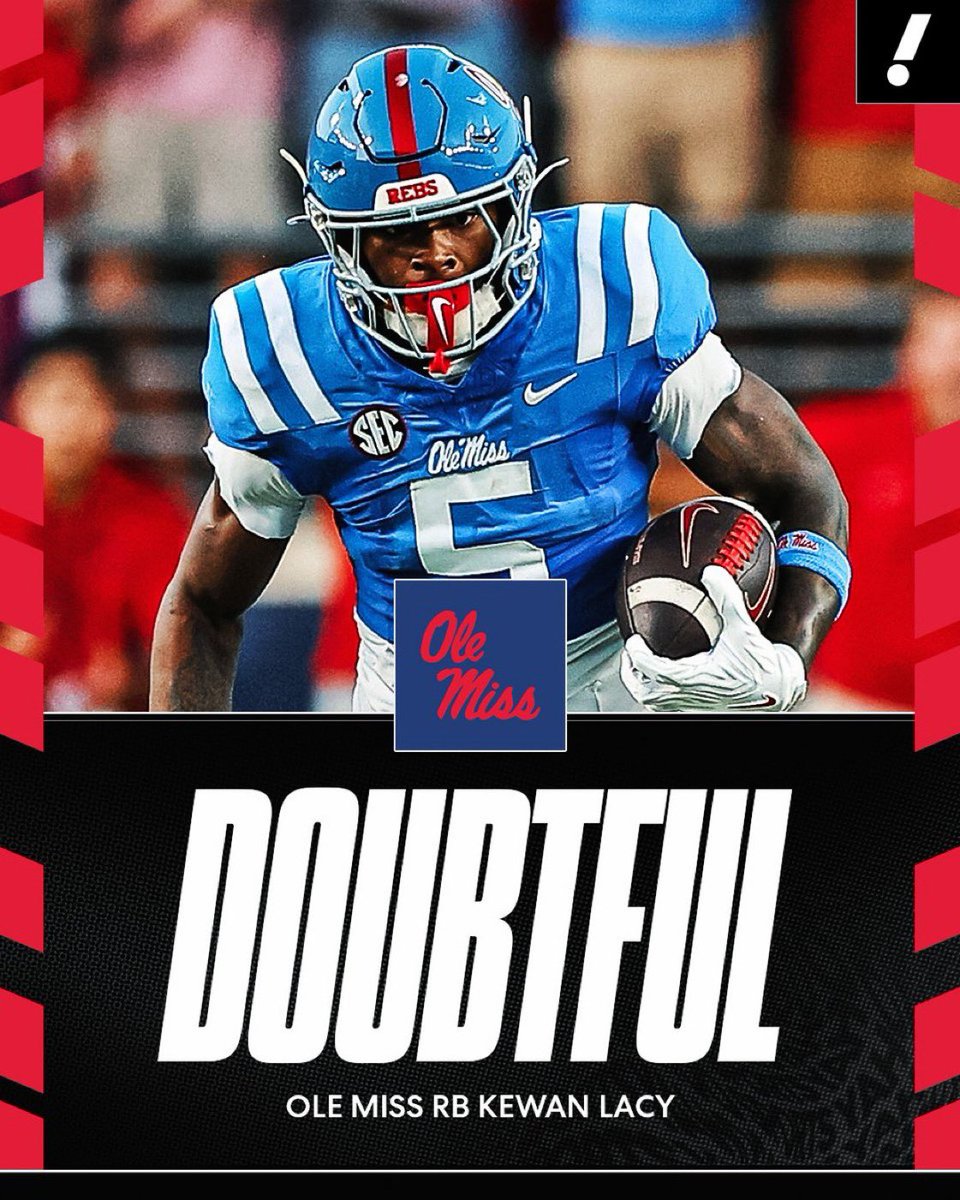 DWETelevision's tweet photo. RB Kewan Lacy (shoulder) was downgraded to doubtful for No. 4 Ole Miss' matchup vs. No. 21 Florida.

Lacy sustained the injury in the third quarter of the Rebels' win vs. LSU last week.
Via @YahooSports 

For more: https://t.co/vow6HEadxH https://t.co/tn2oQNi1eS