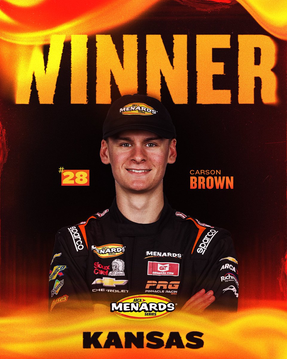 ARCA_Racing's tweet photo. Carson Brown takes the 🏁 in the Menards 150 at @kansasspeedway! https://t.co/VMC7KpN2o4