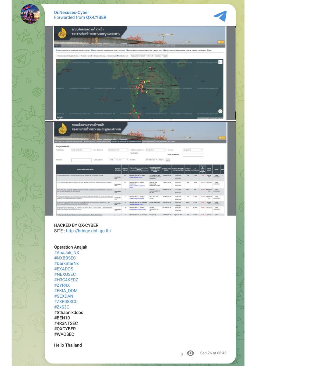 CyberPulse56's tweet photo. ‼️🇹🇭 WEBSITE HACKED – THAILAND

Target: Department of Highways bridge construction & rehabilitation progress-tracking system
🌐 https://t.co/gEkyT7OiDz

A threat actor identified as QX-CYBER, with the post forwarded by Dr.Nexusec-Cyber, claims the site was compromised.

⚠️ The claimed compromise and extent of access have not been independently verified. The incident appears to concern website defacement rather than confirmed database exfiltration.

#CyberSecurity #Thailand #DepartmentOfHighways #QXCYBER #NXBBSEC #ThreatIntelligence