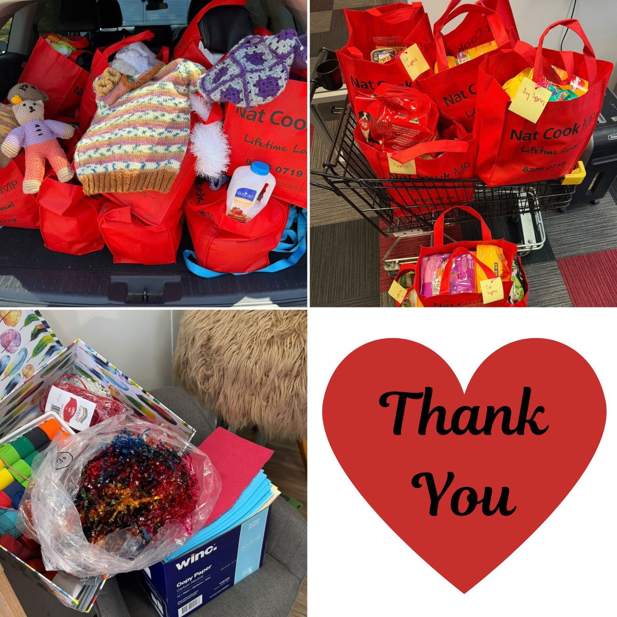 NatCookMP's tweet photo. This week we paid forward generous community donations to:

🐶🐱 Safe Pets Safe Families 🎨🤩 Emu Community Children’s Centre 🍱👔🧣 Hackham West Community Centre

My office is always a collection point for non-perishable donations for people and pets.
Thanks to all who continue to donate and support our local community. ❤️